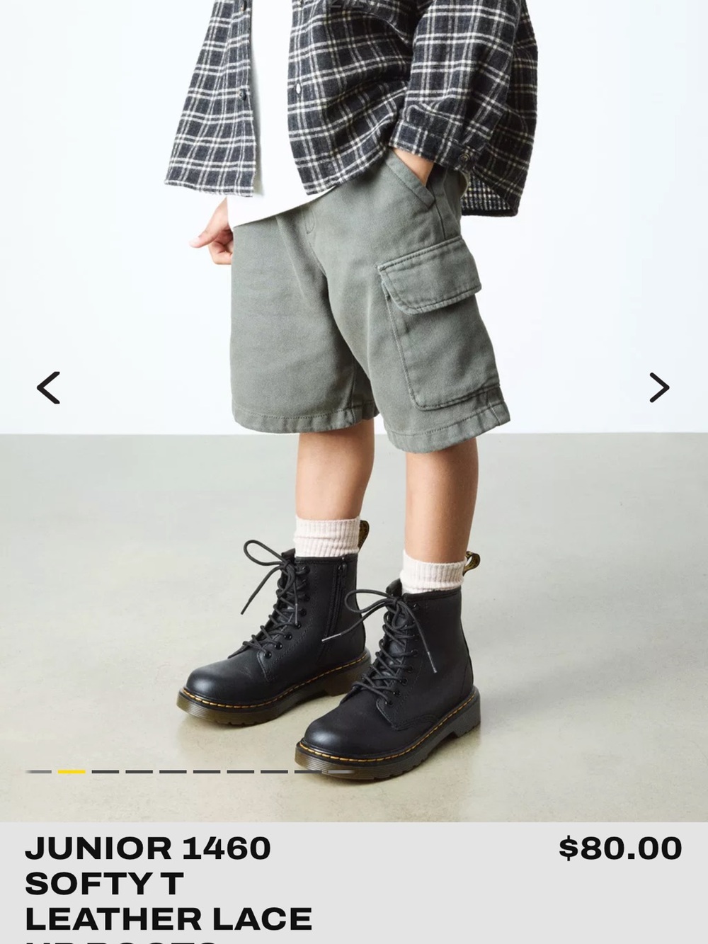 Dr. Martens Kids Black Leather 8-Eye Lace-Up Boot with Yellow Stitching - Picture 2 of 3